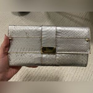 Jimmy Choo Metallic Gold/Silver Textured Leather and Fabric Clutch